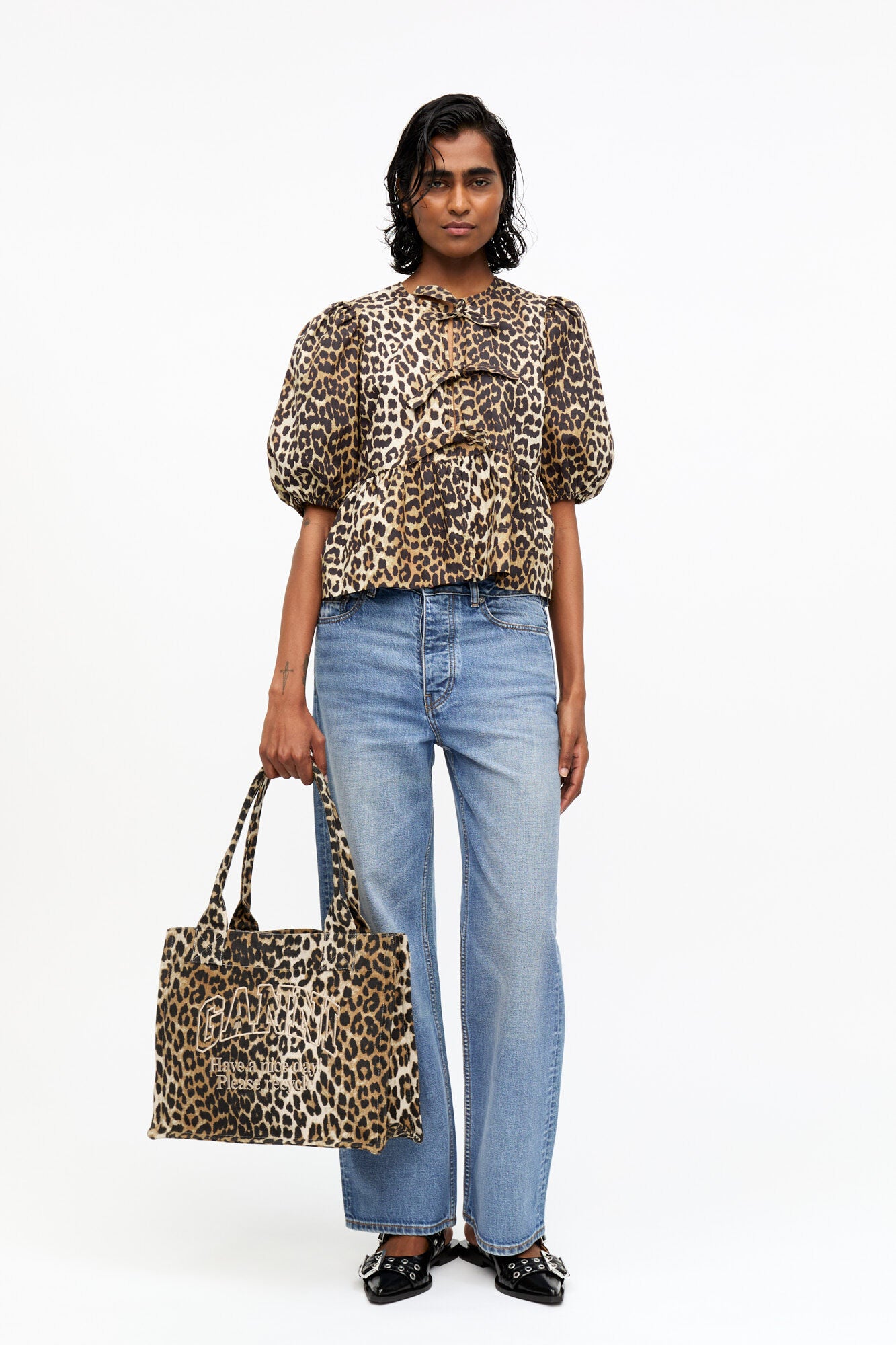 Leopard Cotton Poplin Peplum Tie Blouse