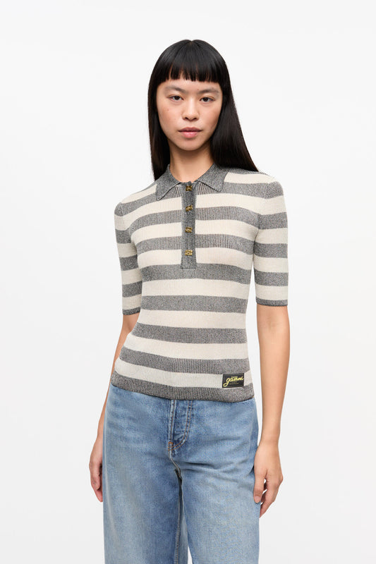 Striped Sparkle Rib Polo T-Shirt