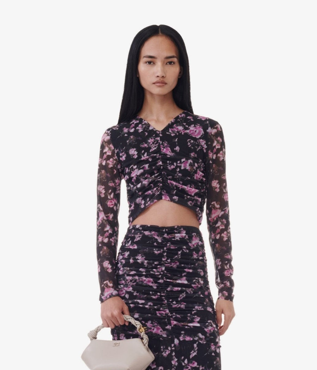 Printed Mesh Ruched Top