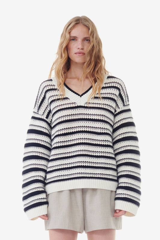 Striped Cotton Pointelle V-neck